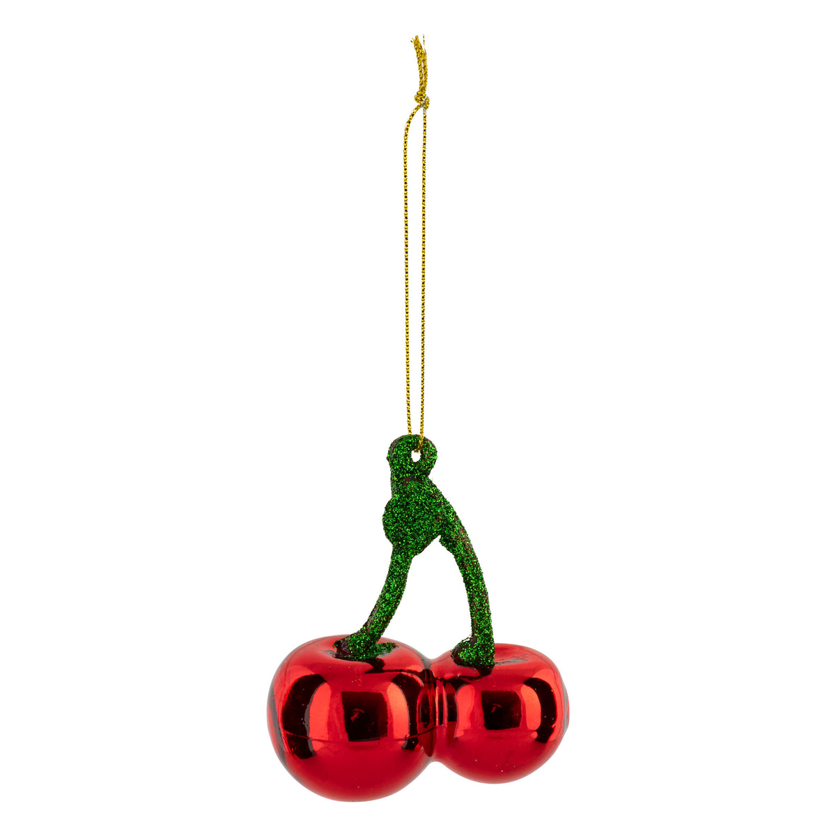 Glass cherries, 9 cm tall, red and green - Christmas glass ornament with green glitter stems
