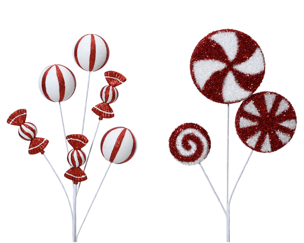 Candy on Pick Foam - Red & White Glitter Christmas Candy Picks, 63cm