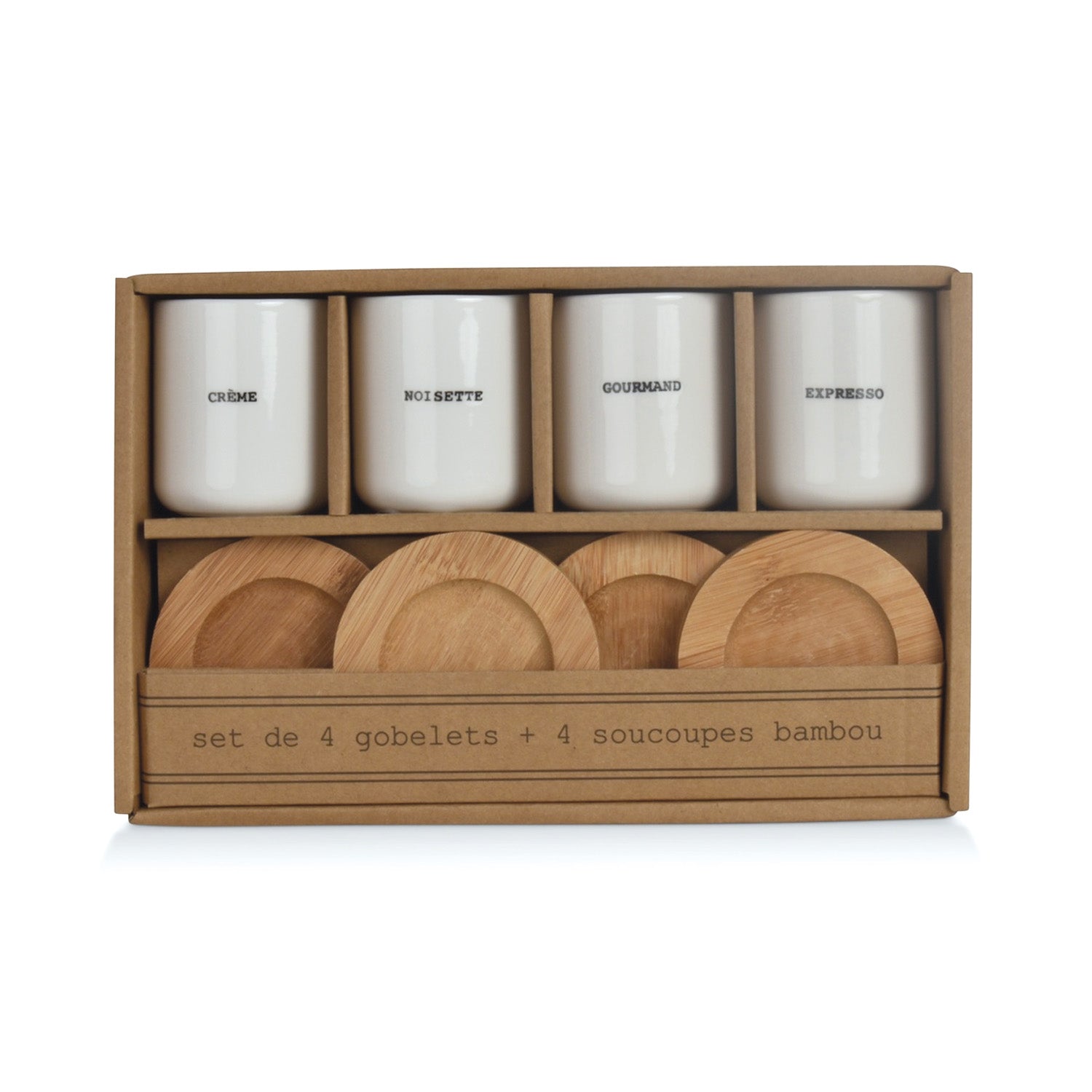 Set of 4 Writing Glasses with Bamboo Saucers, Porcelain Coffee Cups 100ml