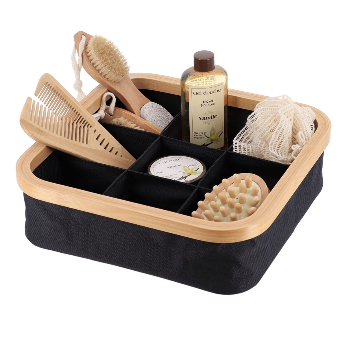 Foldable Basket with 9 Compartments, Bamboo Trim, Polyester Organizer