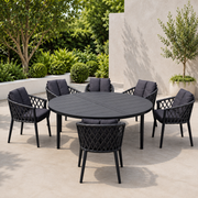 Modern Aluminum Outdoor Dining Set – Round Table with 6 Woven Chairs