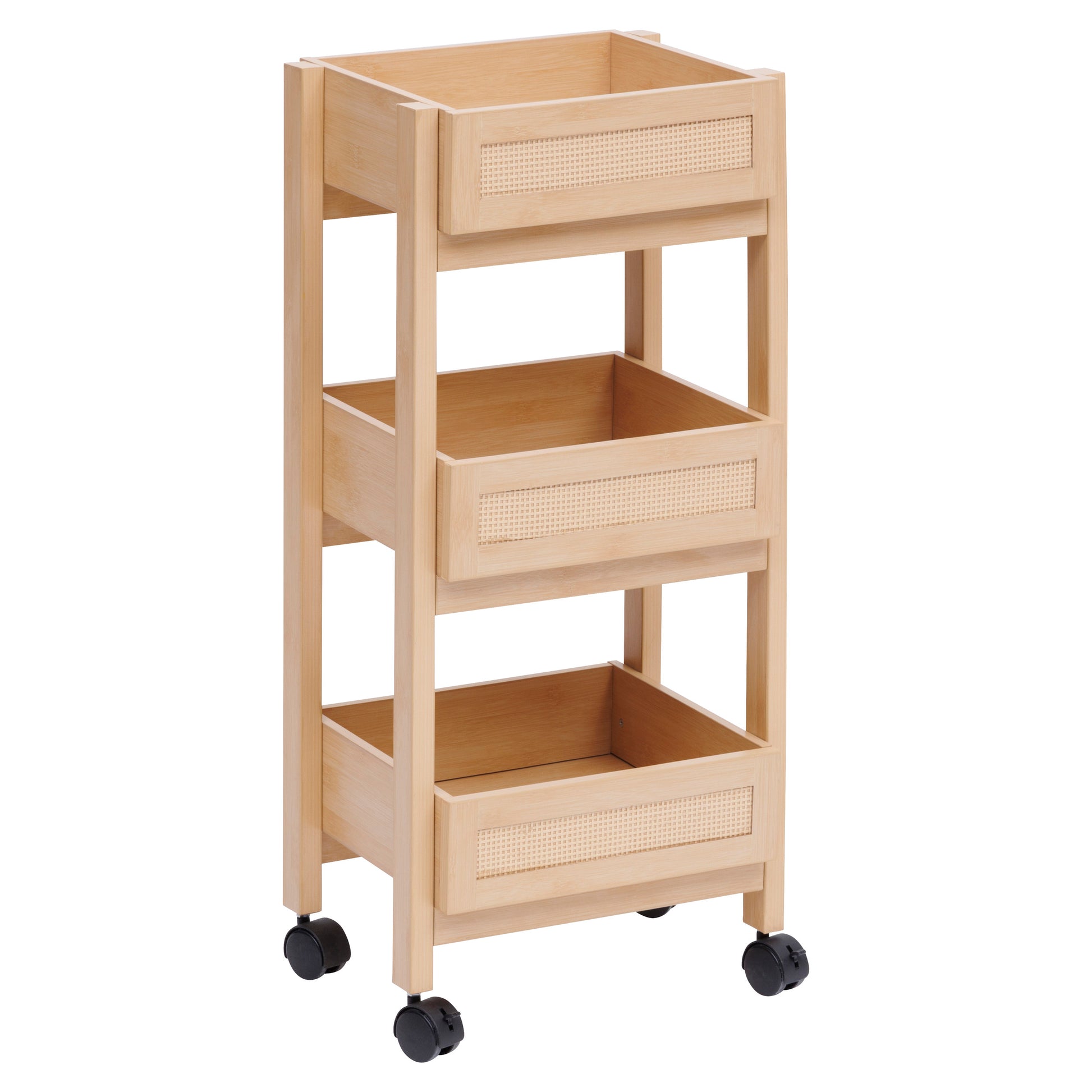 3-level cart Cane – 3-Tier Wooden Trolley with Rattan Fronts, Casters