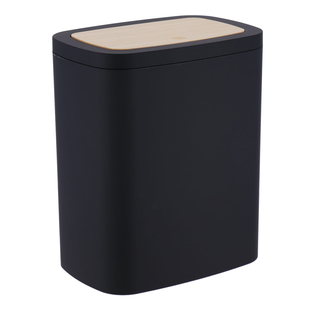 Swing Rubber Dustbin Matte Black with Bamboo-Inspired Lid Bathroom Bin