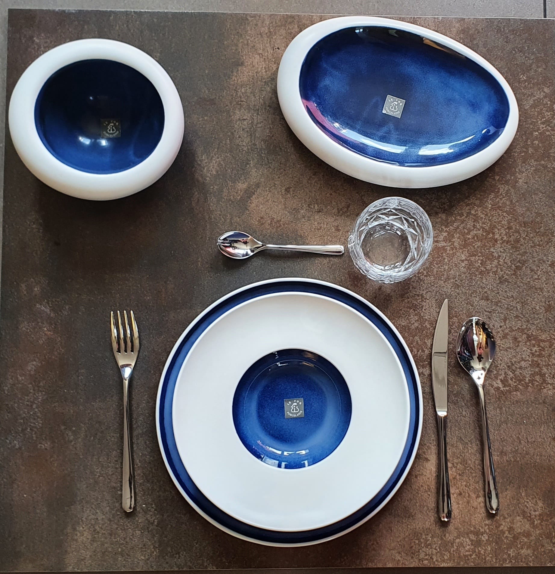 White Matt and Blue Serving Bowl, Hand-Decorated Porcelain, 25.5 cm