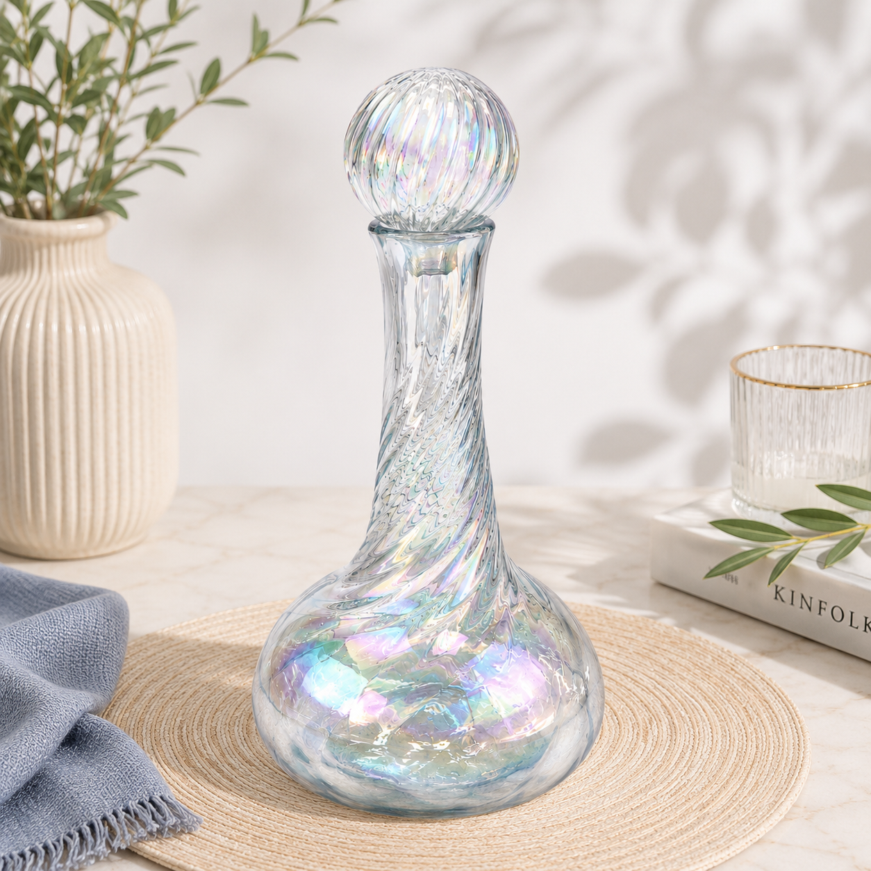 Handmade Twisted Glass Carafe with Pearl Stopper – 20 cm