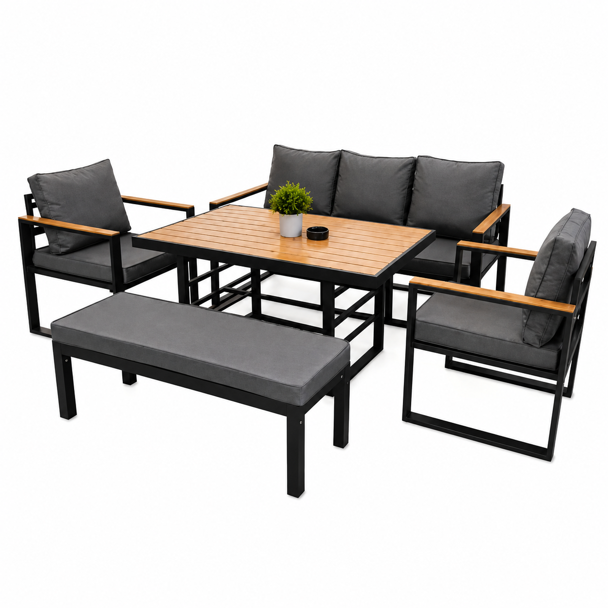 Outdoor Steel Lounge Set 3+1+1 with Table & Bench – Pollywood Finish