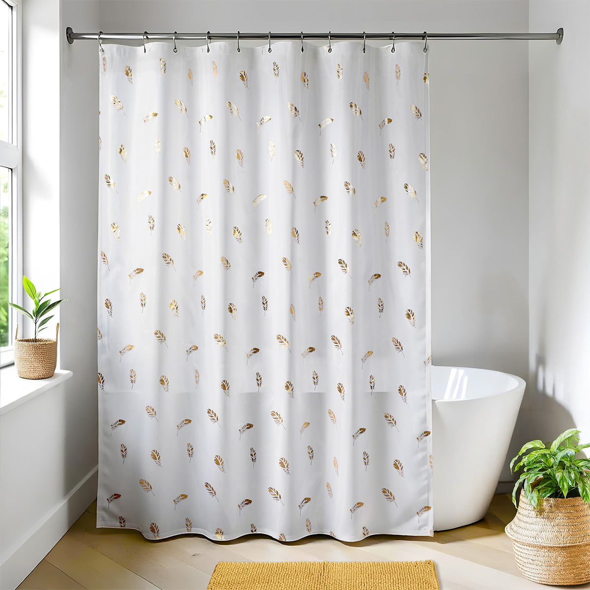 Shower Curtain Golden Feather Pattern Waterproof Polyester 180x200cm