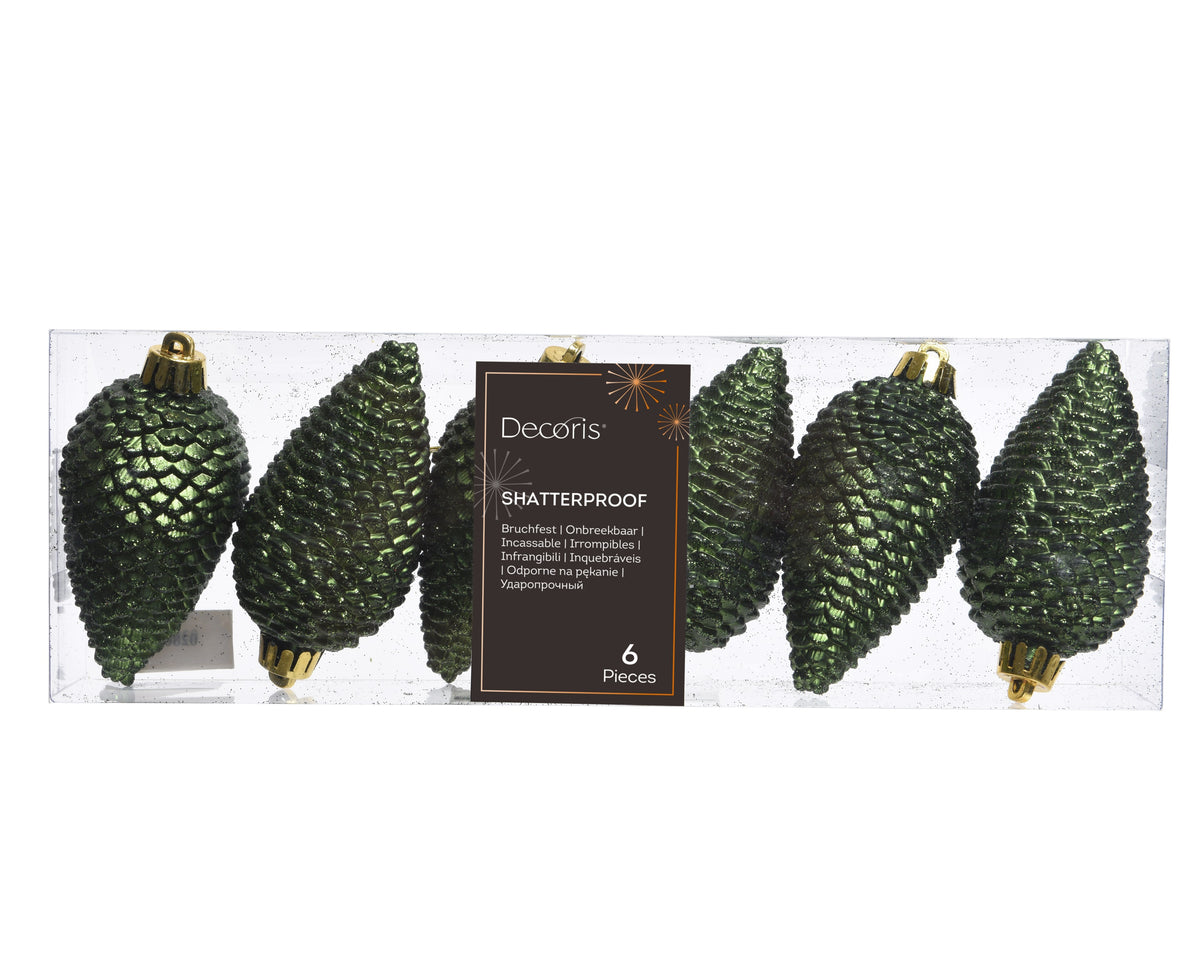 Pinecone Polystyrene Glitter Ornament, Pine Green, Gold Cap, 6pcs