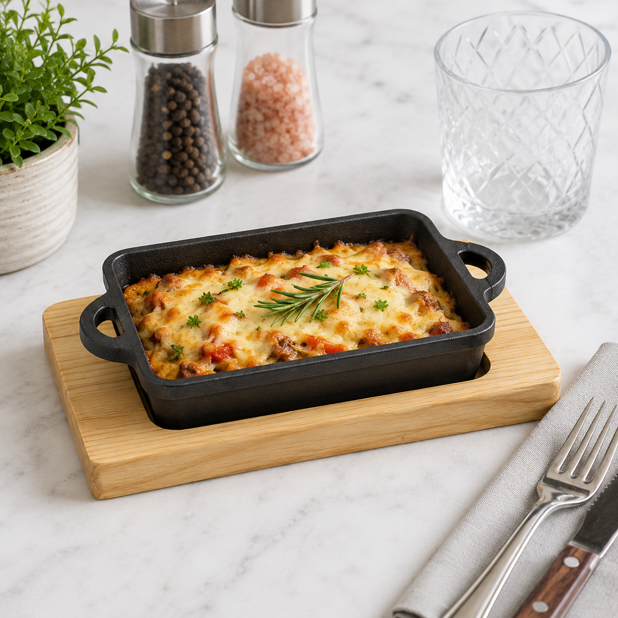 Cast Iron Rectangular Sizzling Platter with Wooden Base – 15 cm