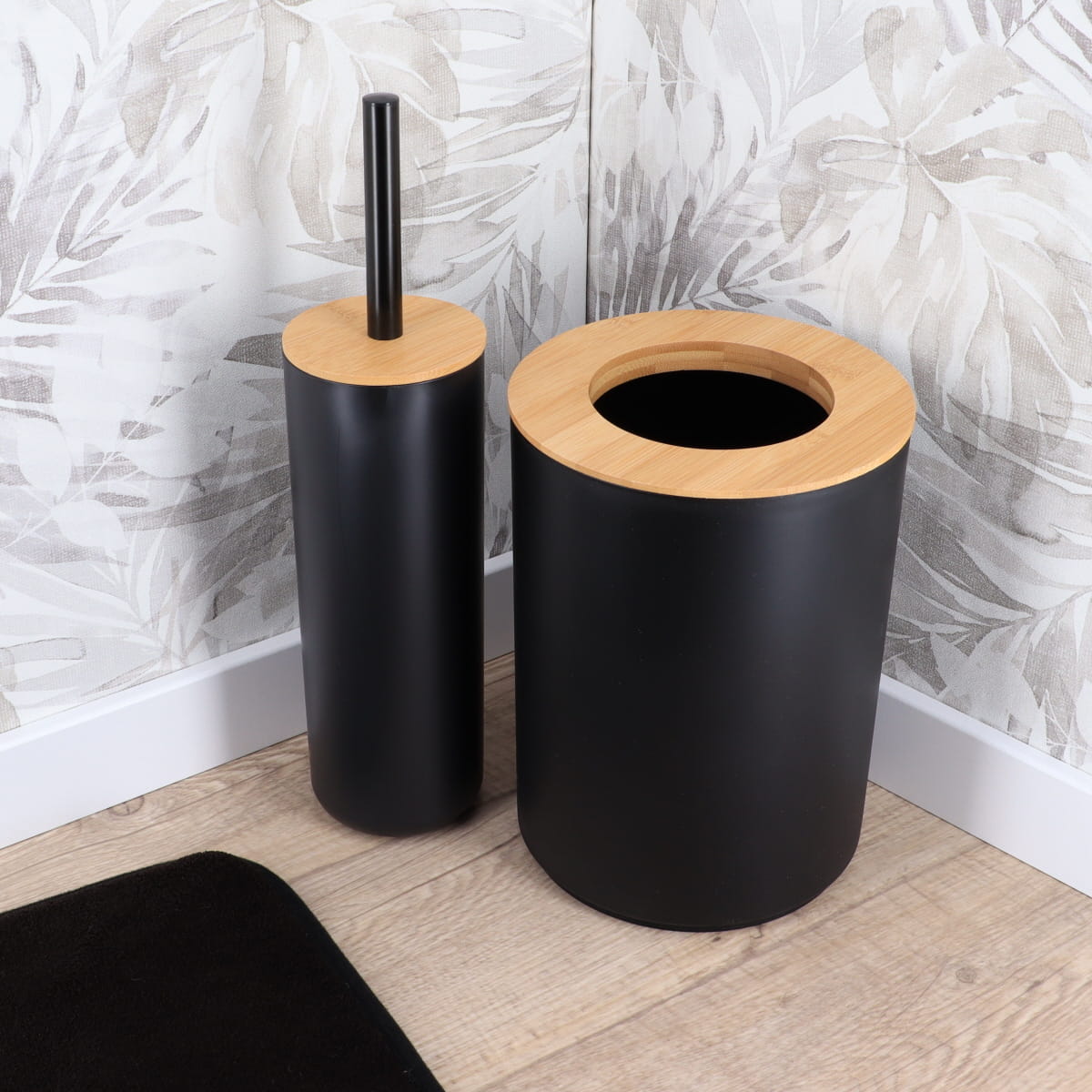 Round Bin with Bamboo Cover, Modern Bathroom Waste Bin, 5L