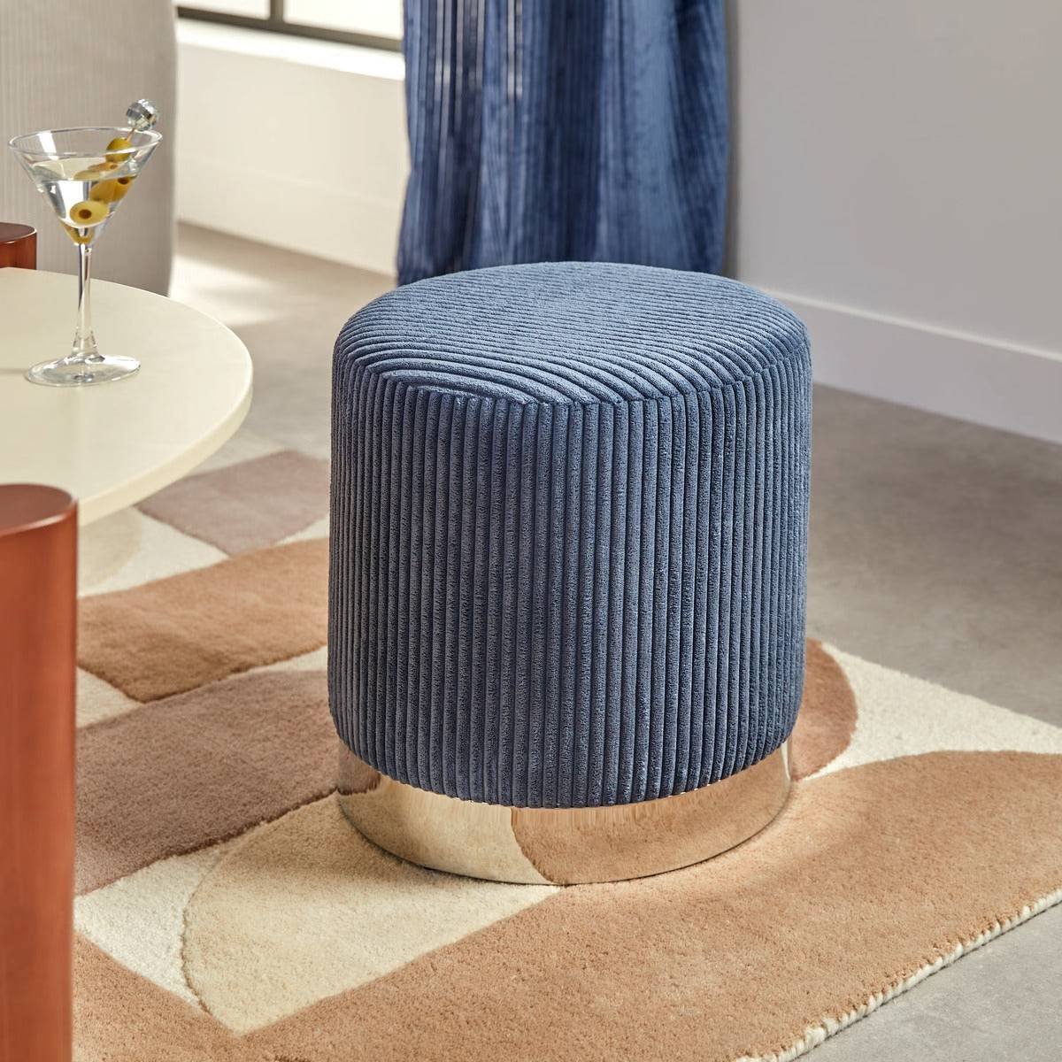 Pouf "Sylia" Blue Ribbed Velvet Pouf with Stainless Steel Base