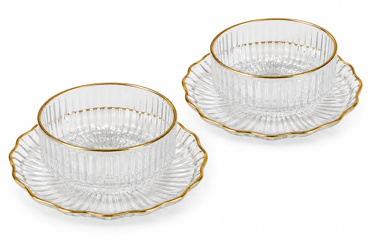 Set of 6 Glass Bowls with Saucers – Transparent