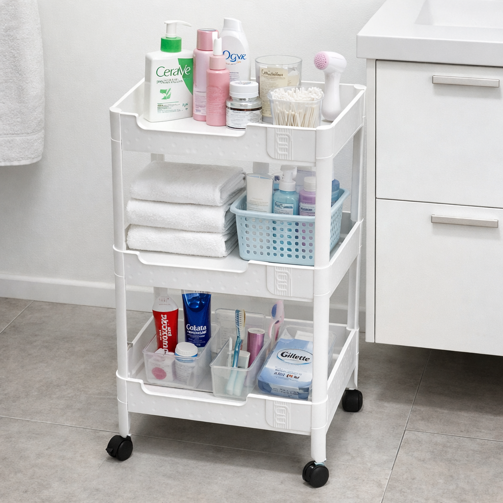 3-Tier Plastic Storage Trolley with Wheels 38x27x70 cm