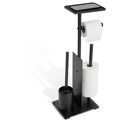 Toilet Paper Holder with Reserve & Brush Glass Black - Steel Stand