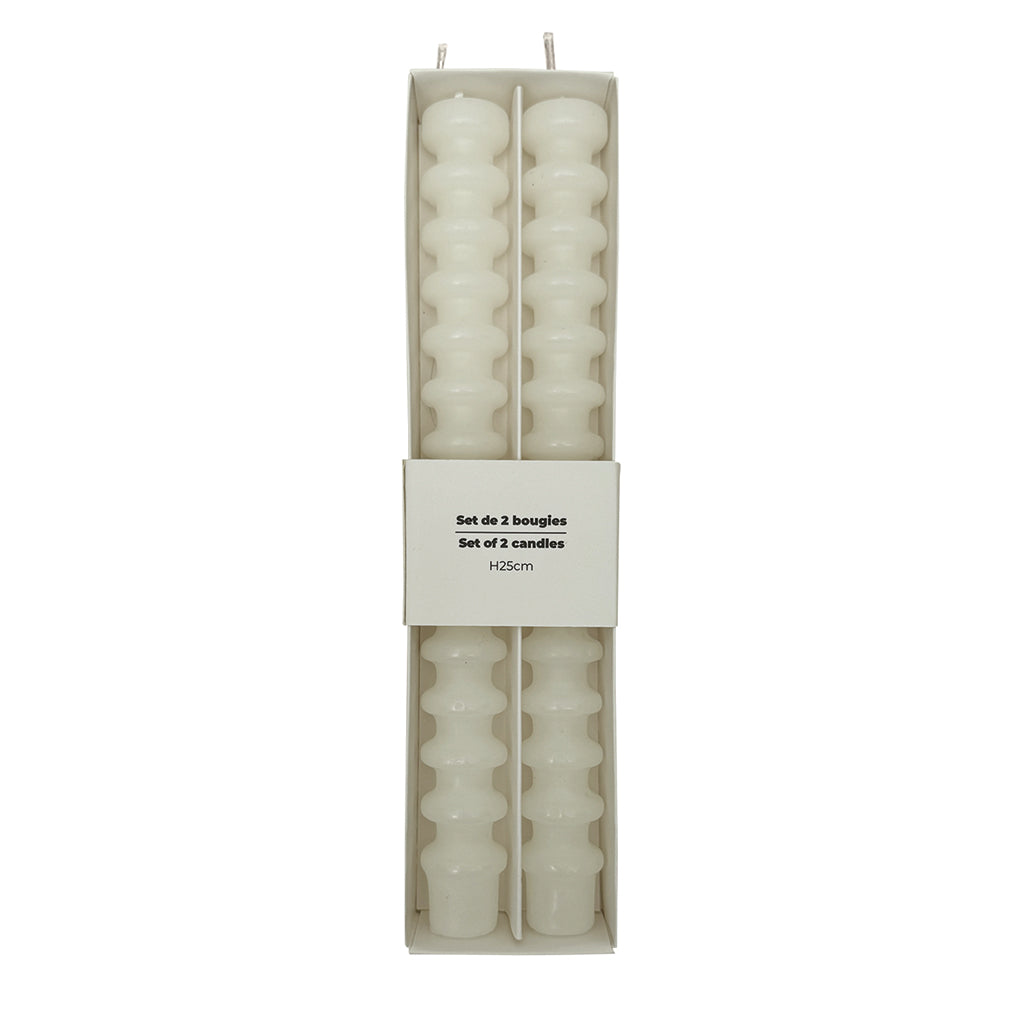 Set of 2 White Long Candles with Decorative Rings, Natural Wax, 25cm