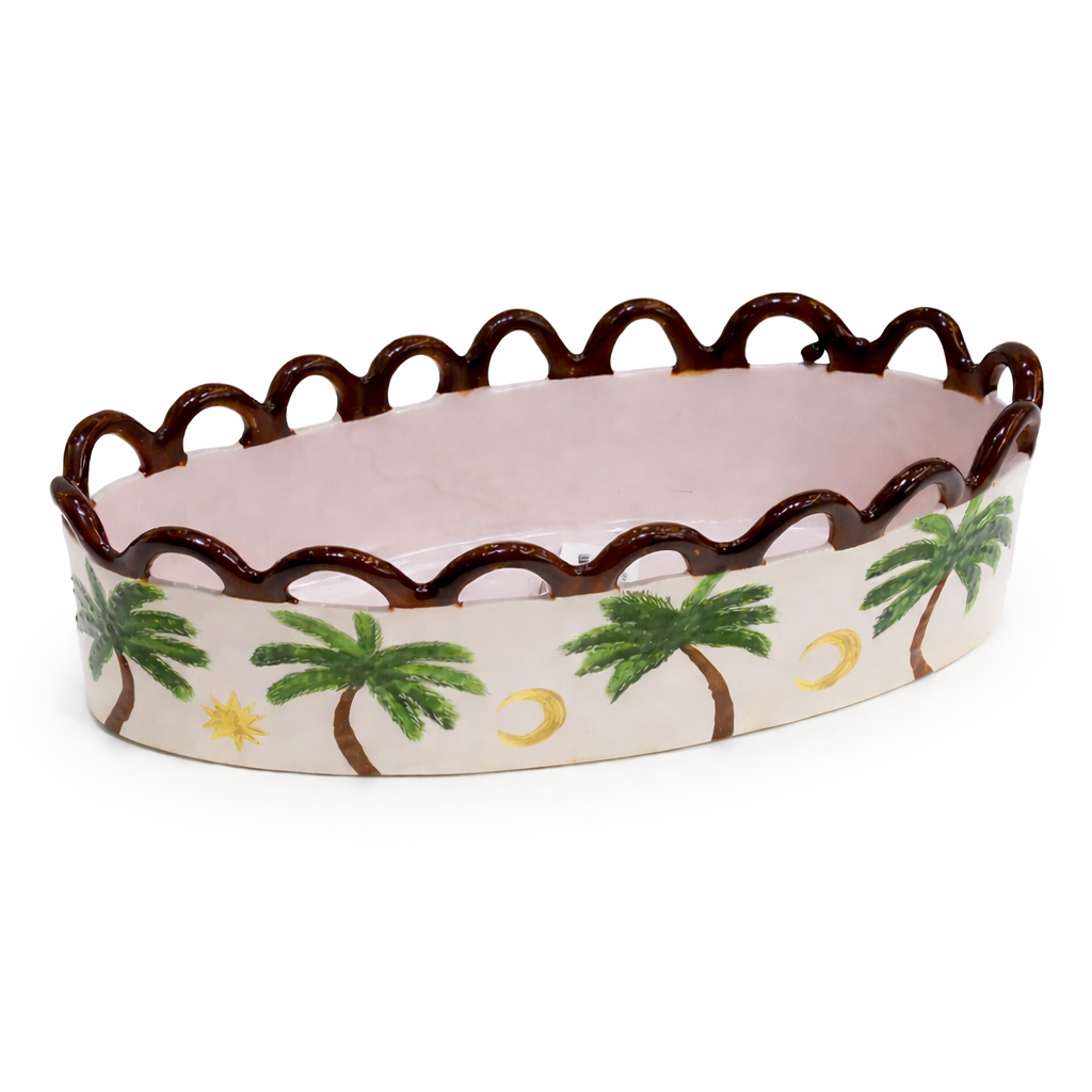 Handmade Ceramic Oval Serving Bowl with Palm Design