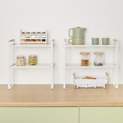 2-Tier Metal Shelf with Pine Handles – Steel Countertop Rack