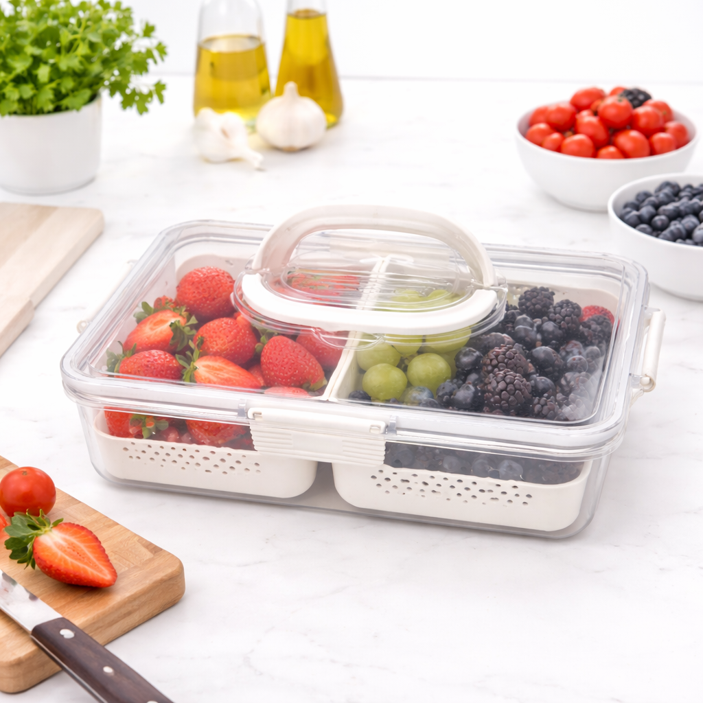 2-Compartment Food Storage Container with Drain Baskets 31x23x7 cm