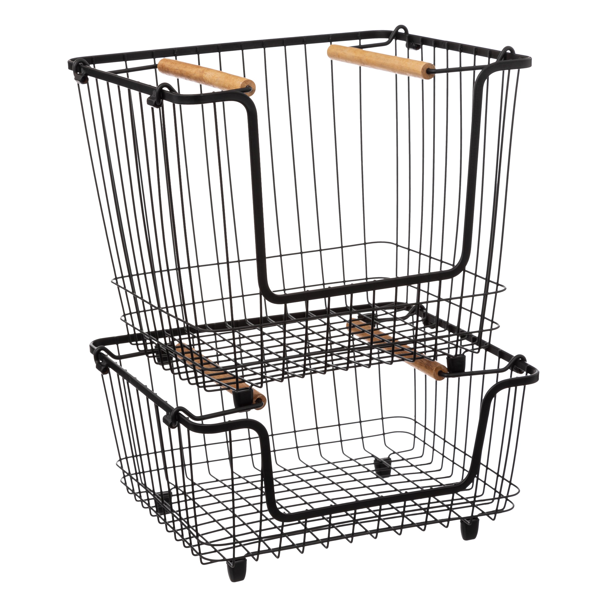 Blackwood metal stacking basket - Steel wire storage with wood handles