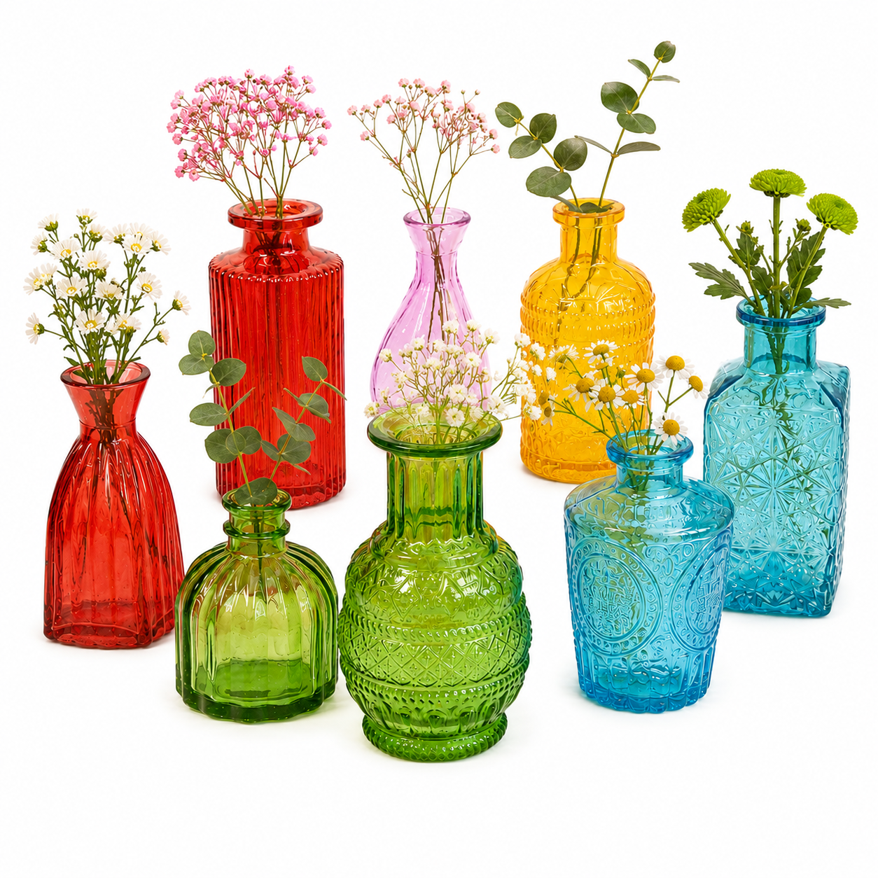 Set of 10 Colored Glass Vases – Decorative Mini Bottles