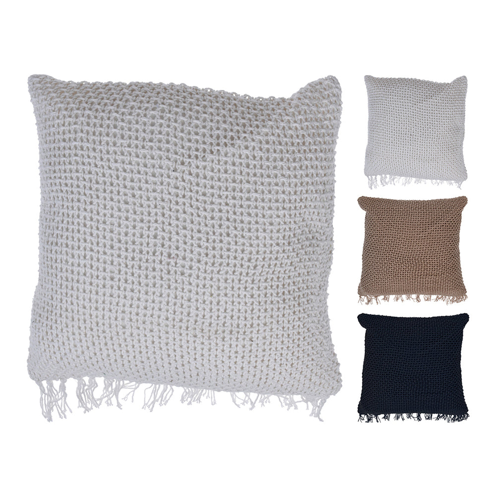 Cotton Knitted Cushion with Fringe, Solid Fawn, Zipper Closure