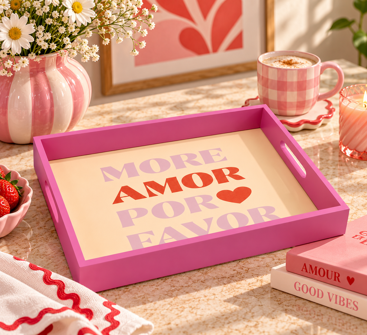 Rectangular Tray 38 × 25 cm with Pink Border – Plexi Inner Top