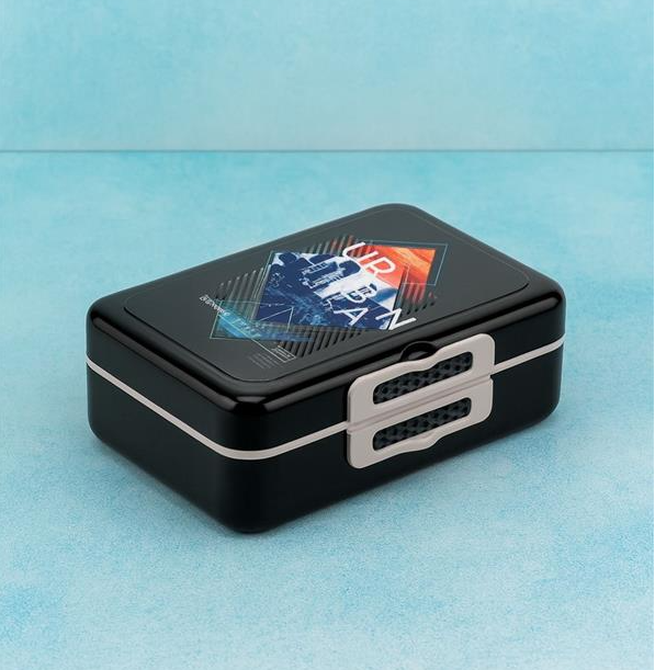 Tondo Decorated Plastic Lunch Box, Black, 1000 CC