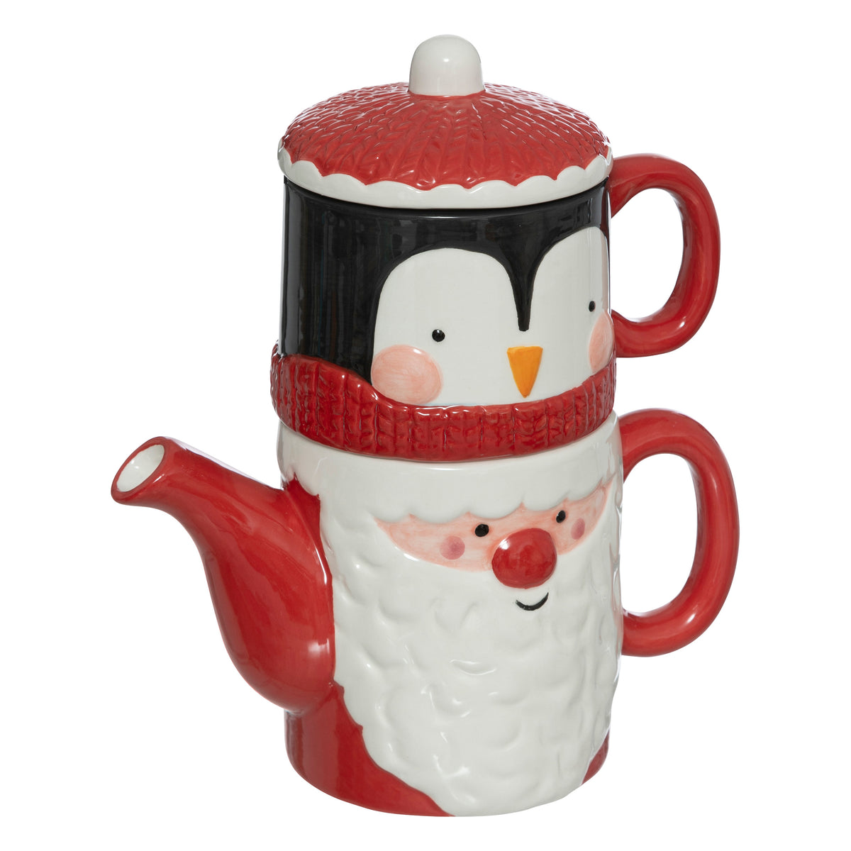 Santa Teapot and Cup — Dolomite Christmas Tea Set with Penguin Cup
