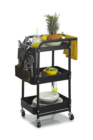 Black perforated metal trolley — 3-tier storage cart with casters