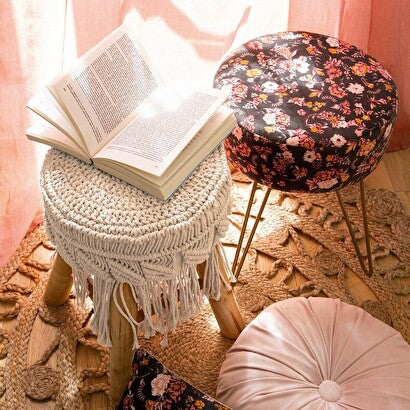 Macrame Side Stool – Stylish Pine and Cotton Design