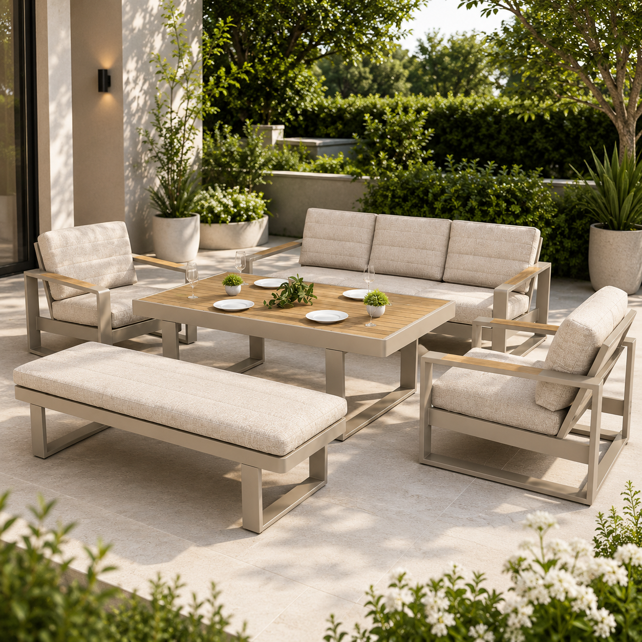 OUTDOOR ALUMINUM SET 3+1+1 WITH TABLE & BENCH