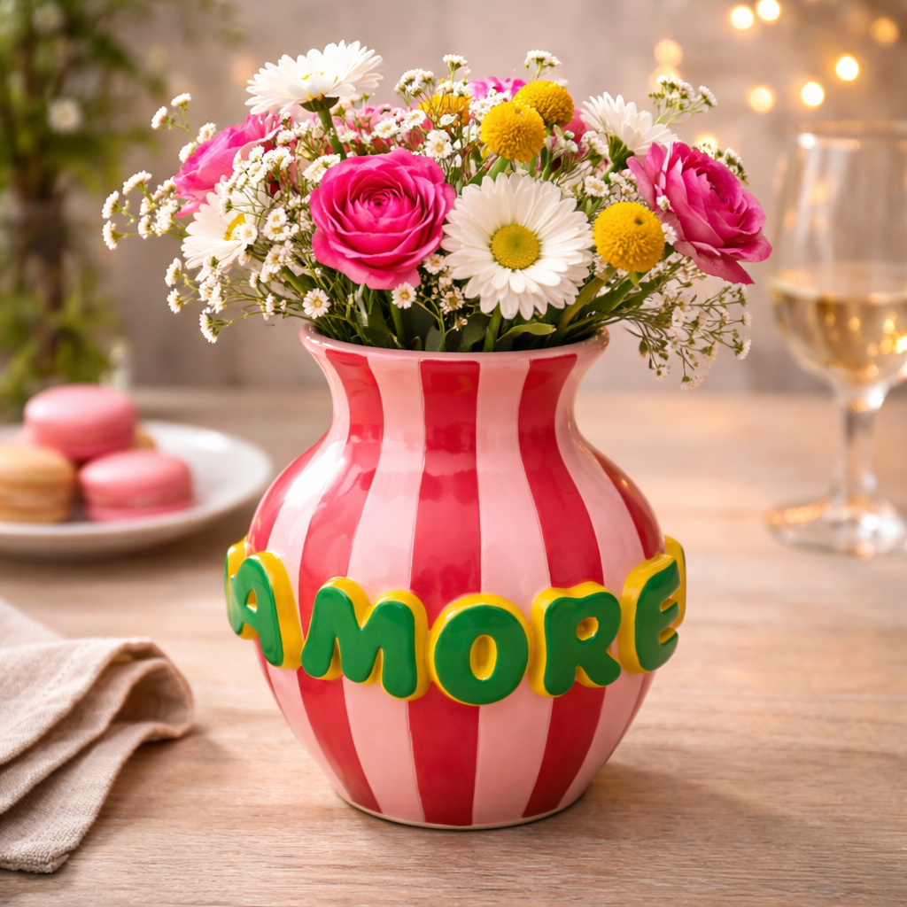 Polyresin Vase Pink with Green Stripes 18 x 19 x 22 cm