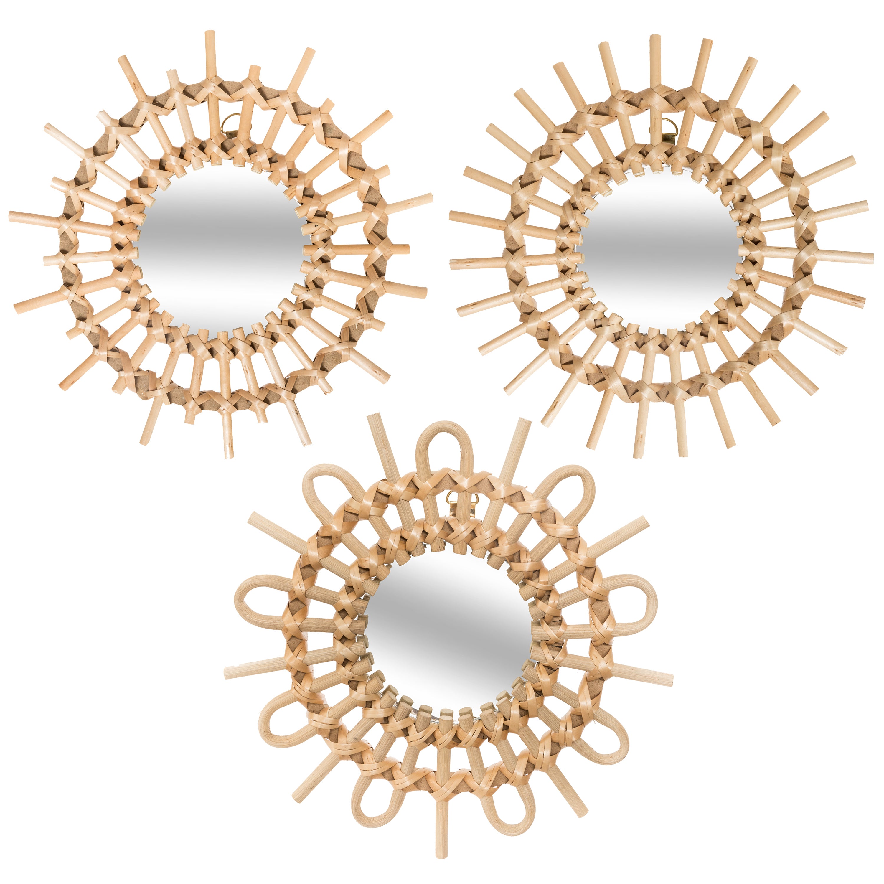 Sun Rattan Mirror X3: Wicker Structure, Bohemian Touch, 27 cm Diameter