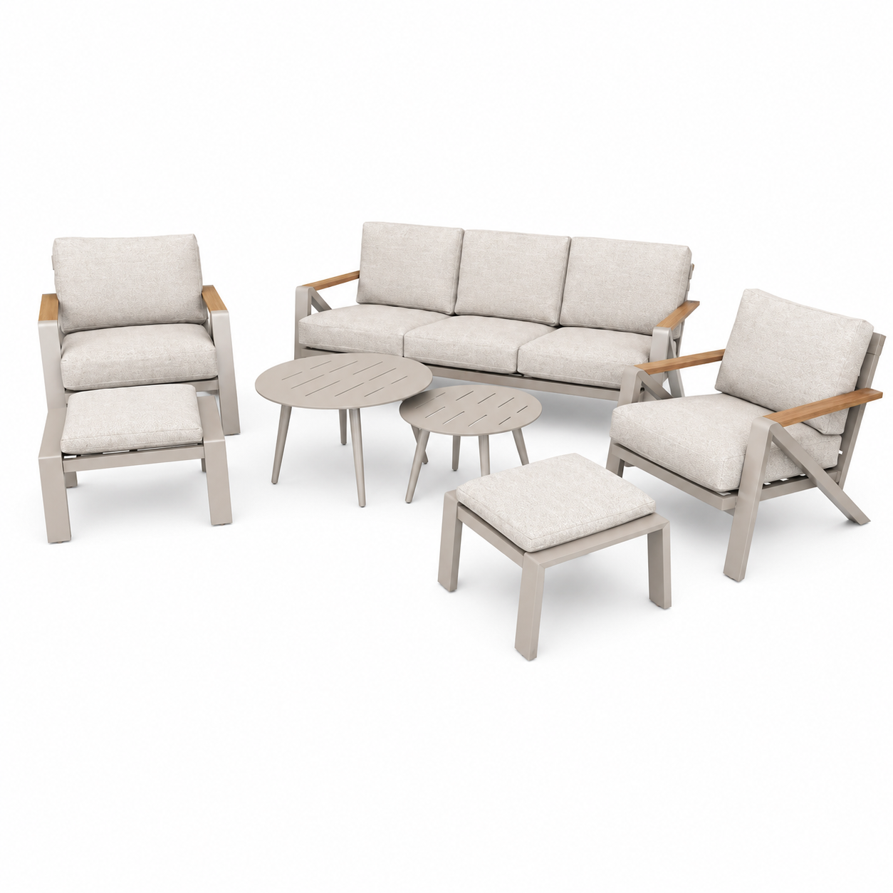 OUTDOOR ALUMINUM SET 3+1+1 WITH FOOTRESTS & TABLES