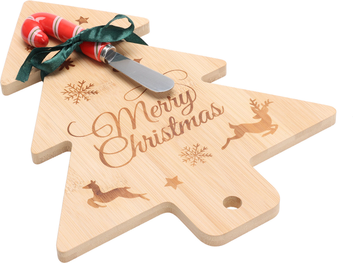 Christmas Cheese Plate Bamboo with Knife - Tree-Shaped Serving Board