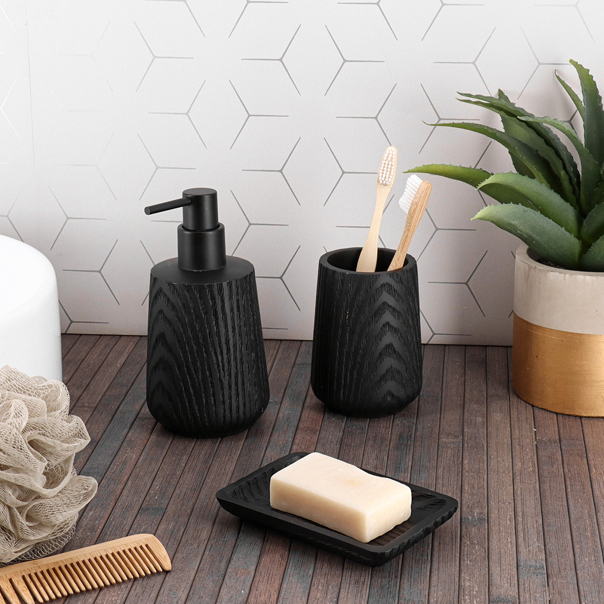 Wood Effect Tumbler Toothbrush Holder Polyresin Japandi Bathroom Accessory