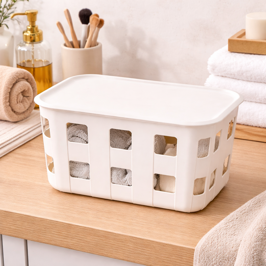 Plastic Storage Basket with Lid 26x19x14 cm White