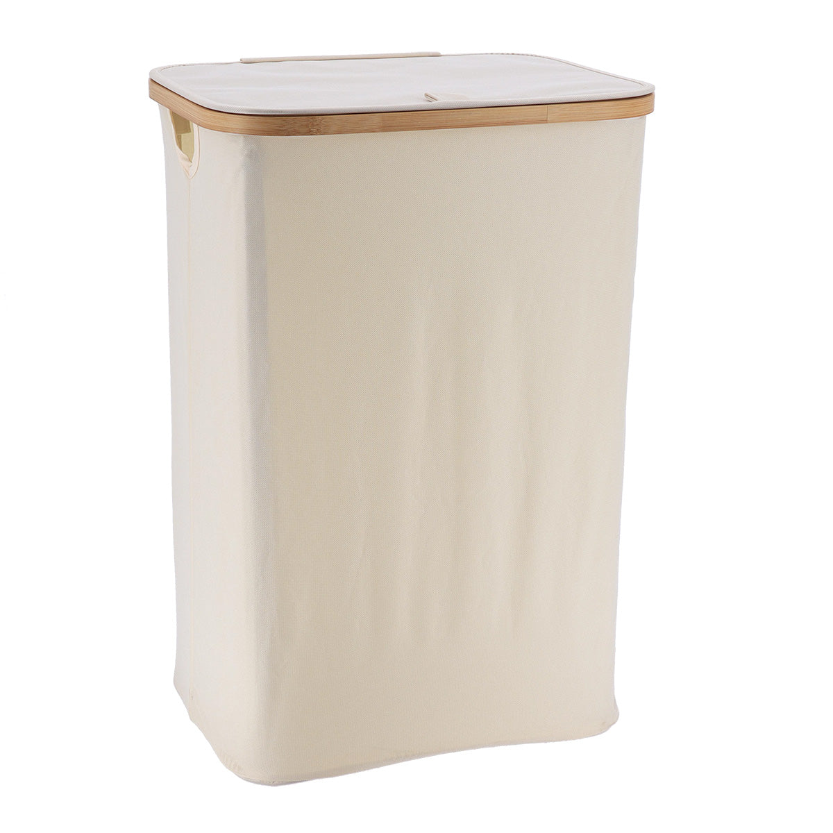Foldable Rectangular Laundry Basket with Lid, 70L, Bamboo Accents