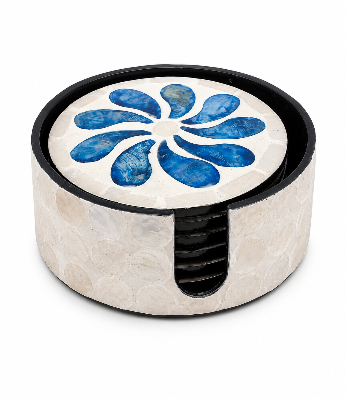 Set of 6 Floral Capiz Coasters with Holder