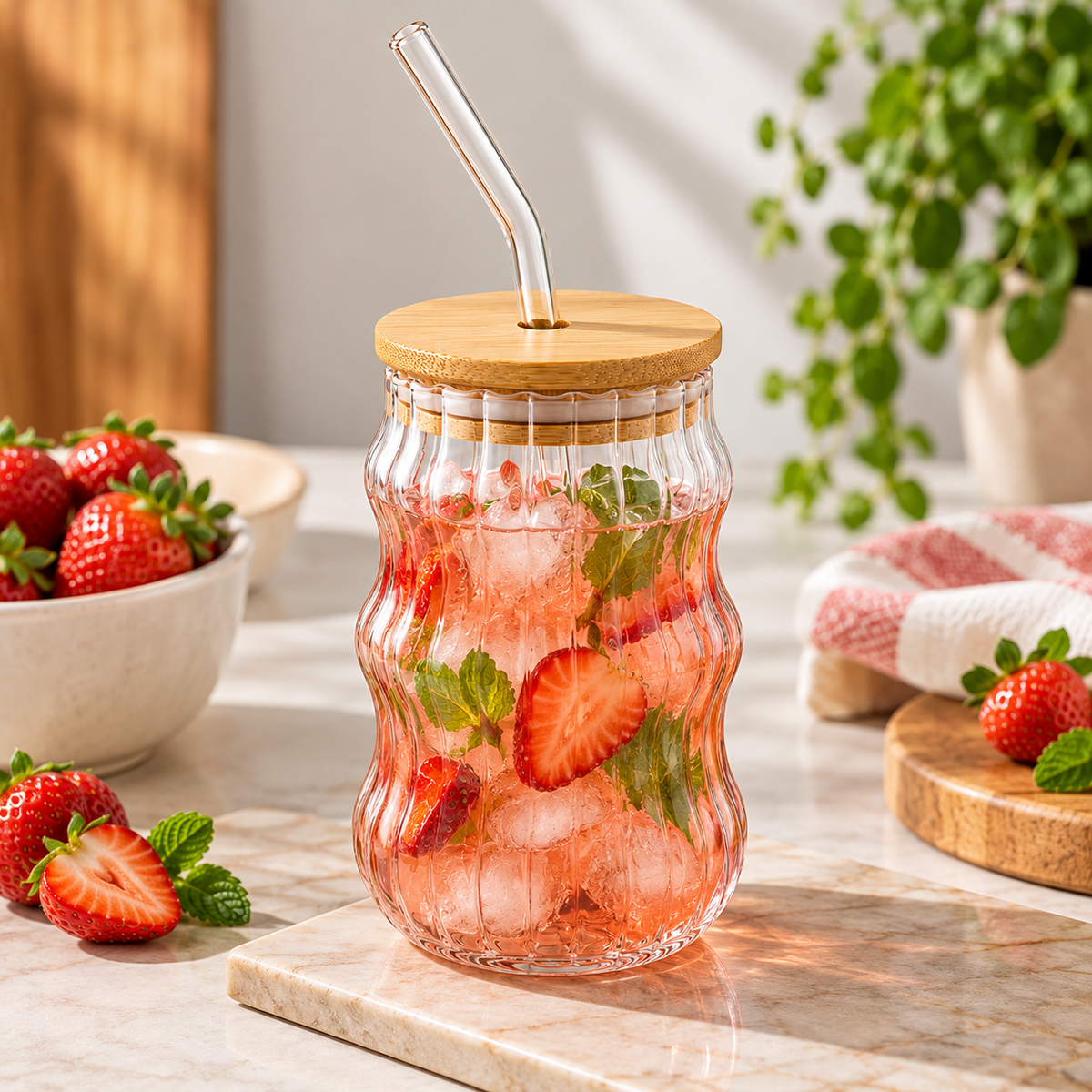 Wavy Glass Drinking Cup with Bamboo Lid & Glass Straw