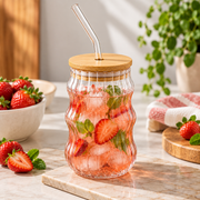 Wavy Glass Drinking Cup with Bamboo Lid & Glass Straw