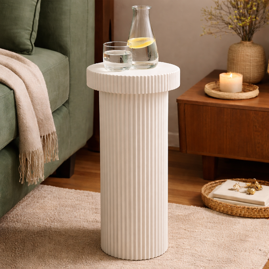 Fluted Pedestal Side Table D30 x H60 cm Fiberglass Resin