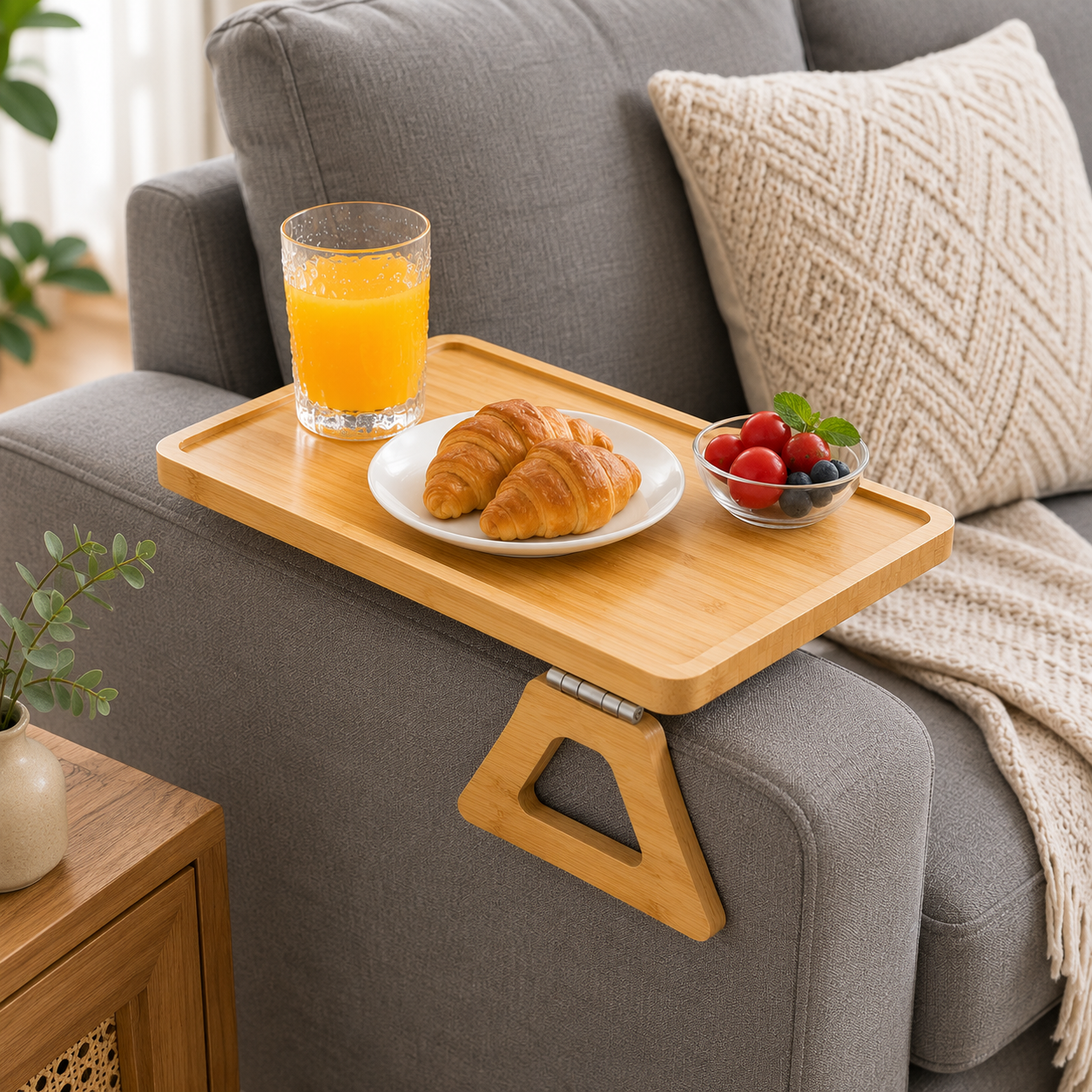 Bamboo Sofa Wide Armrest Clip-On Foldable Table Tray