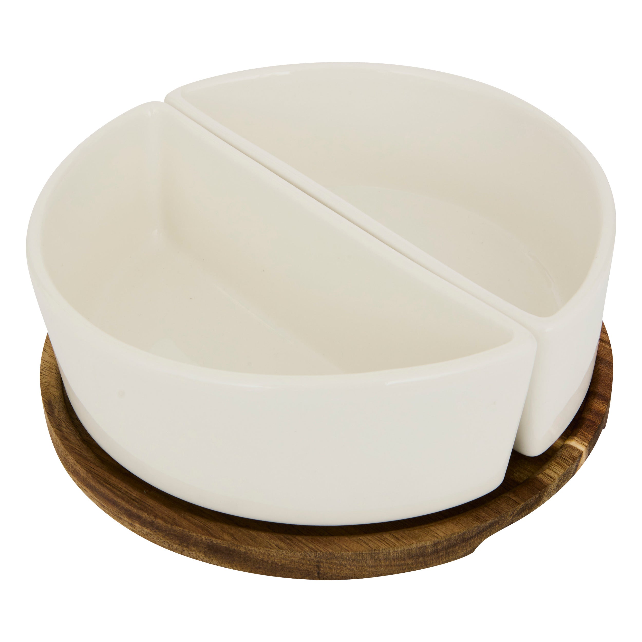 3-Piece Appetizer Set Elegance White — Stoneware Bowls with Wooden Base
