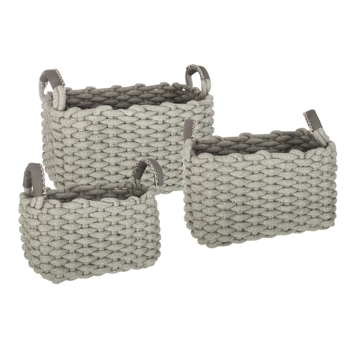 Set of 3 Grey Woven Cotton Baskets with Rectangular Handles