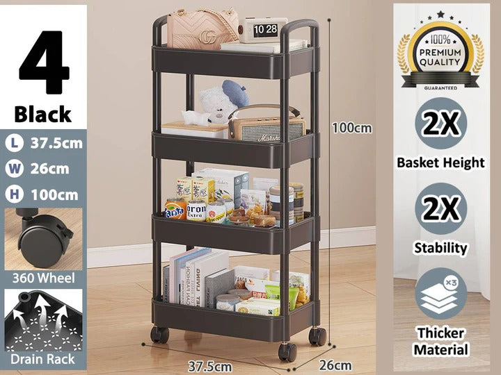 Plastic Rectangular Rack Trolley 4 Tiers, Black