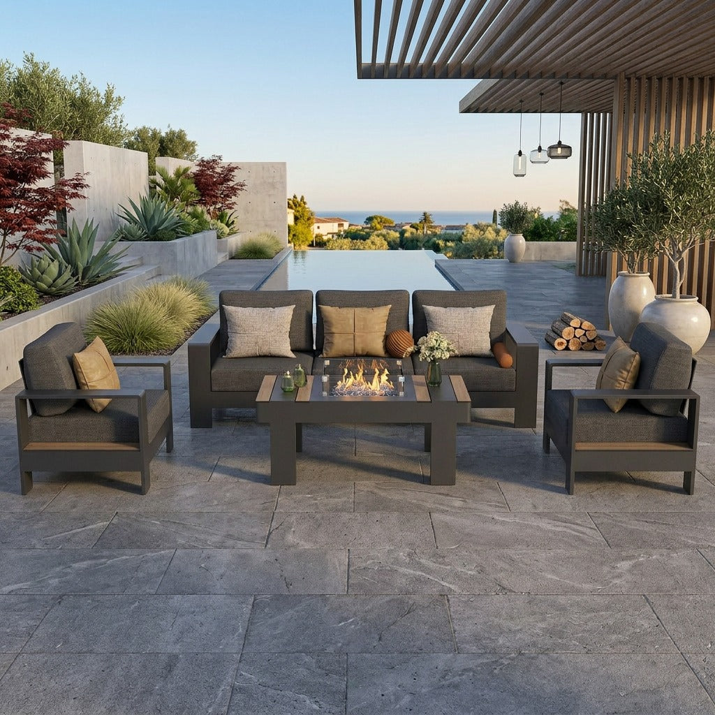 Modern Aluminum Patio Conversation Set with Fire Pit Table