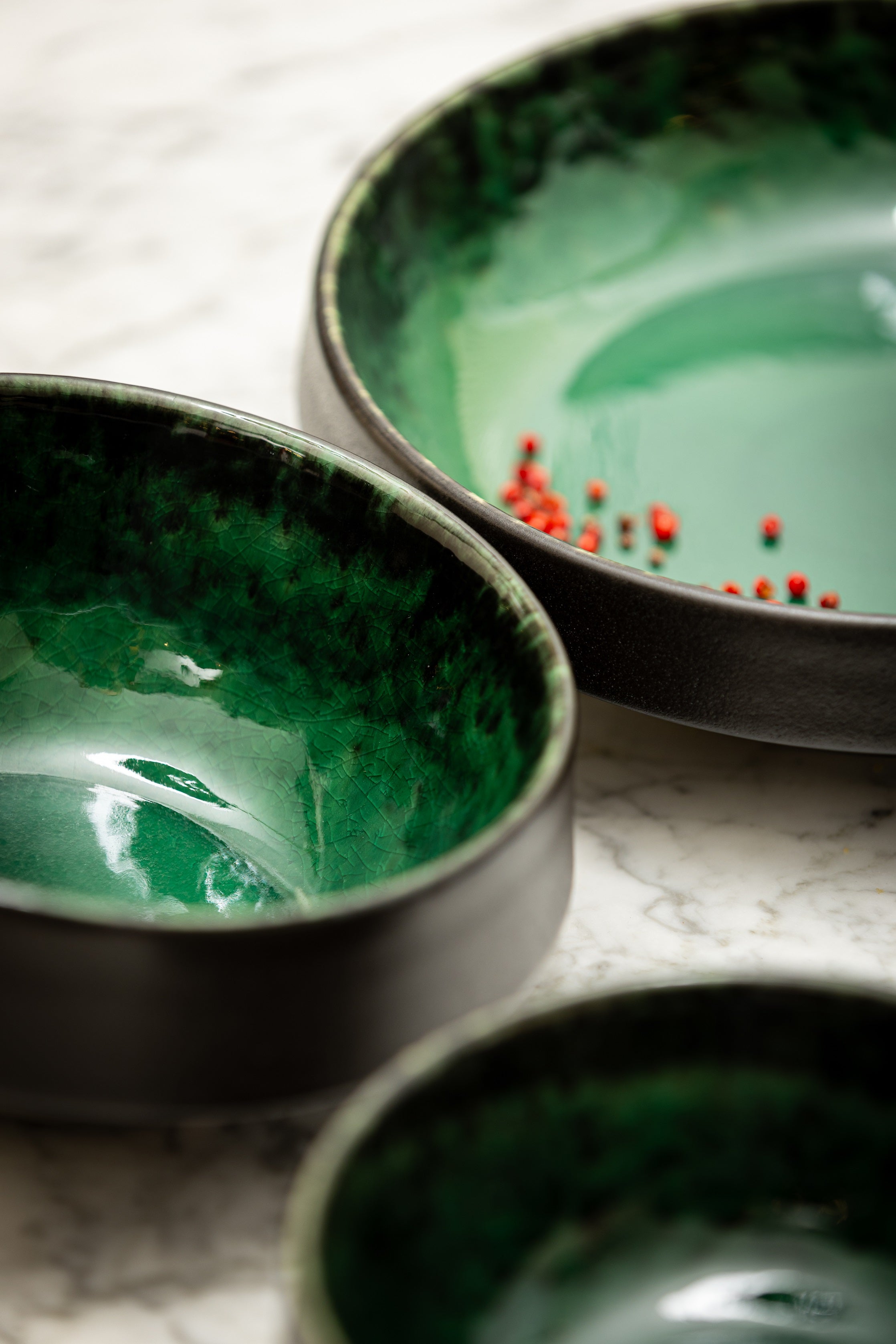 Round Bowl High Black and Green Reactive Stoneware Serving Bowl