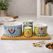 Appetizer Set with 4 Porcelain Bowls and Wood Tray, 29x13 cm