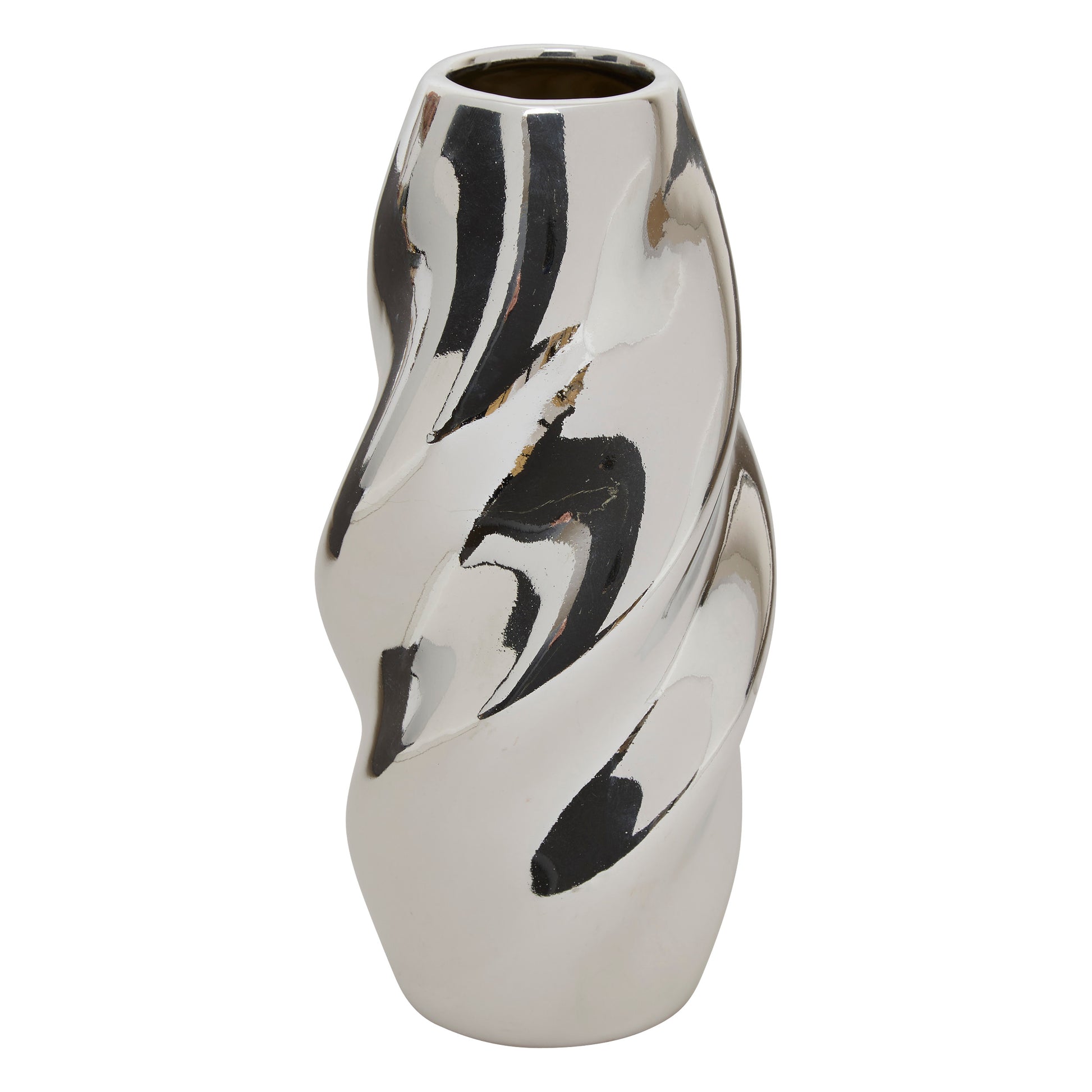 "Sky" Vase - Twisted Glazed Dolomite Ceramic, Mirror Silver, Two Sizes